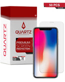 Protector de vidrio templado transparente quartz para iPhone X/XS/11 Pro en pack de 50, ideal para mayoristas en Guatemala.