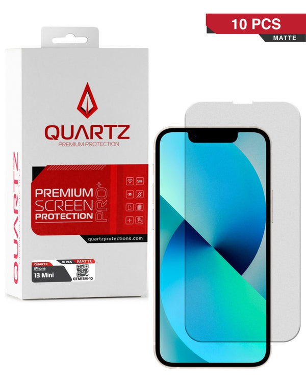 Protector de pantalla de vidrio templado Quartz mate para iPhone 13 Mini en pack de 10 unidades, ideal para mayoristas en Guatemala.
