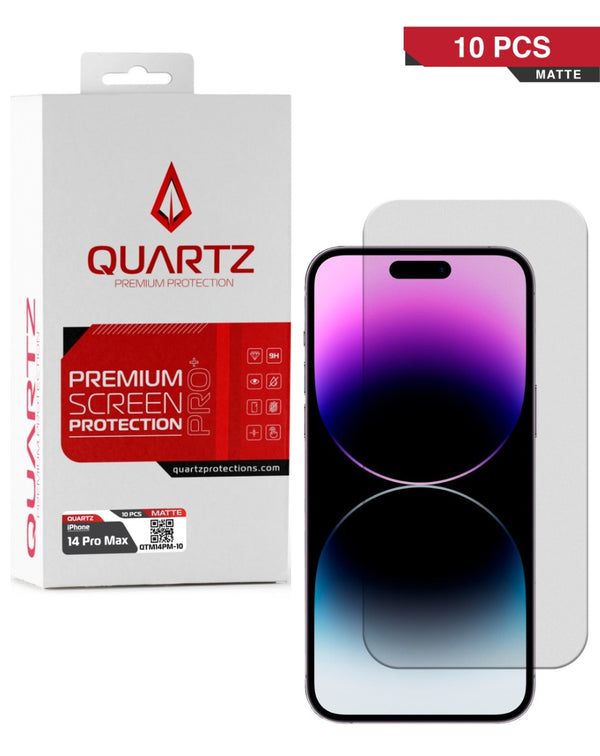 Protégetu iPhone 14 Pro Max con un pack de 10 vidrios templados mate QUARTZ en Guatemala.