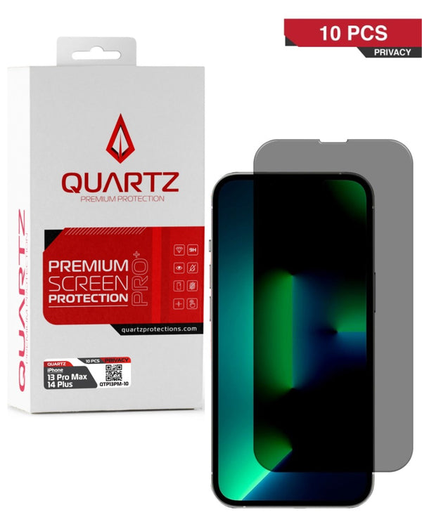 Encuentra vidrios templados Privacy Quartz para iPhone 13 Pro Max y 14 Plus en Guatemala en paquete de 10 unidades al por mayor.
