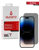 Protector de pantalla de privacidad QUARTZ para iPhone 14 Pro Max en Guatemala, disponible en mayoristas de accesorios para iPhone y talleres de reparación de celulares.