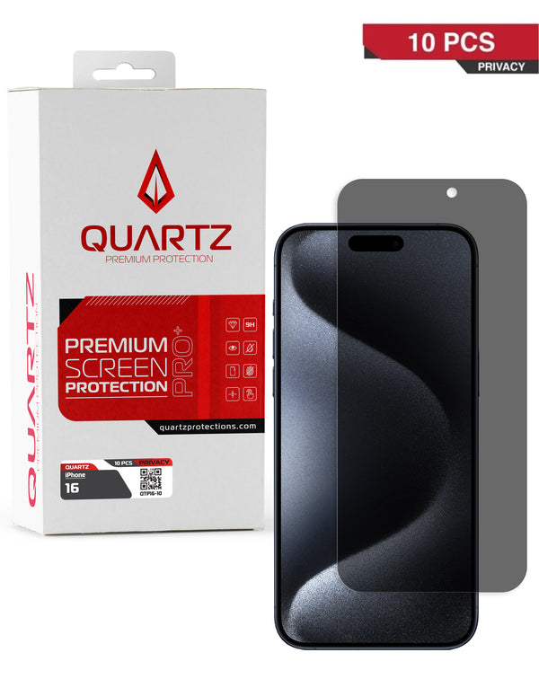 Compra al por mayor en Guatemala cristales templados de privacidad QUARTZ para iPhone 16 en pack de 10 unidades.