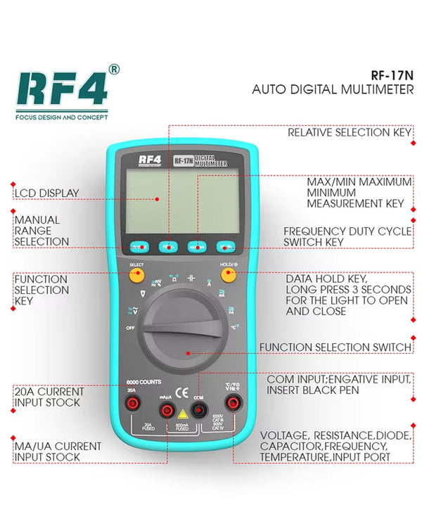 Encuentra el Multímetro Digital RF4 RF-17N en Guatemala, ideal para mayoristas en reparaciones y talleres eléctricos.