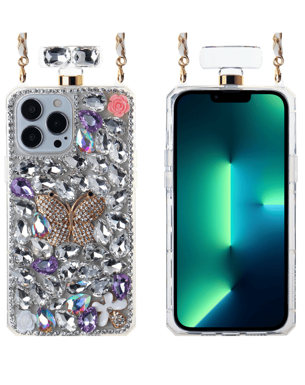 Encuentra el estuche de iPhone 13 Pro con diseño de botella de perfume en Guatemala, ideal para accesorios únicos y elegantes.