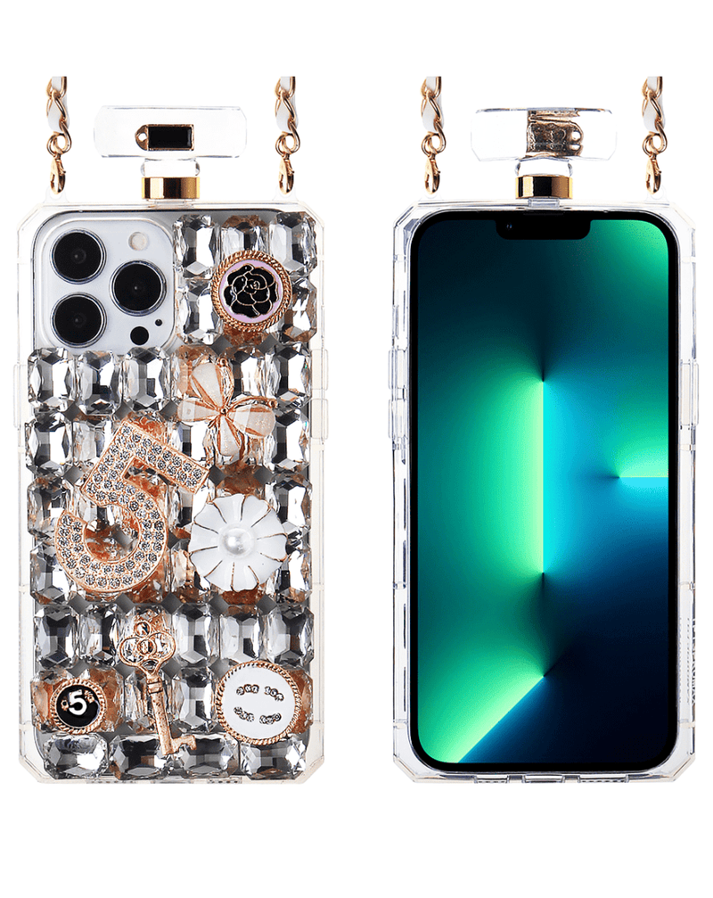 Funda diseno botella perfume con grandes piedras y cuerda de cuero metal iPhone 13 Pro