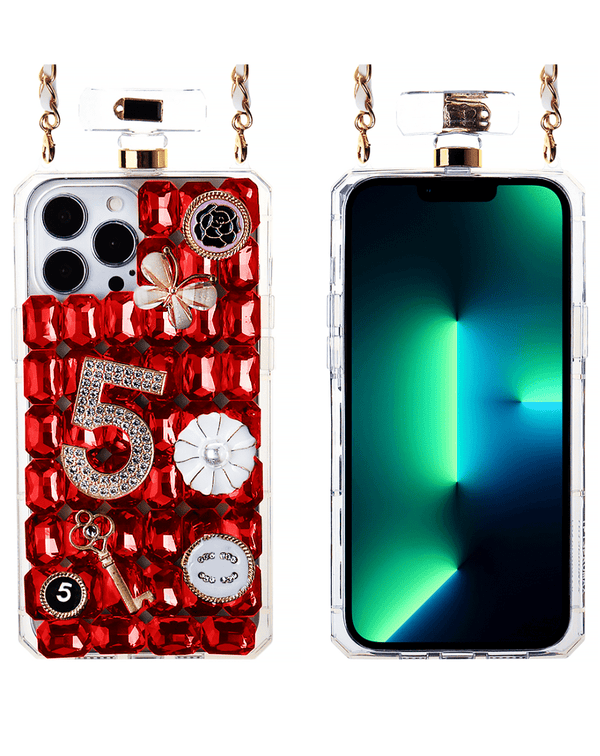 Encuentra la mejor funda con diseño de botella de perfume y piedras grandes en Guatemala para tu iPhone 13 Pro en SlowBack, mayorista de accesorios estéticos.