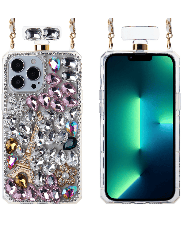 Funda diseno botella de perfume con piedras grandes y cuerda metalica de cuero - 8 iPhone 13 Pro