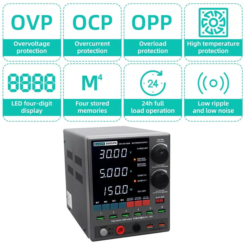 Compra la fuente de poder ajustable SUGON 3005PM 30V / 5A con display LED de 4 dígitos en Guatemala para tus proyectos de alta precisión.