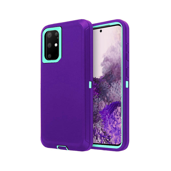 Estuche resistente para Samsung Galaxy S20 en colores púrpura y turquesa, disponible en Guatemala para mayoristas y reparaciones de casos.