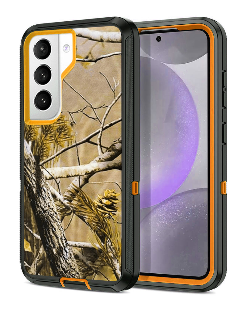Protector resistente para Samsung Galaxy S21 en color camuflaje naranja, ideal para encontrar en Guatemala en tiendas de accesorios para celulares y mayoristas de tecnología.