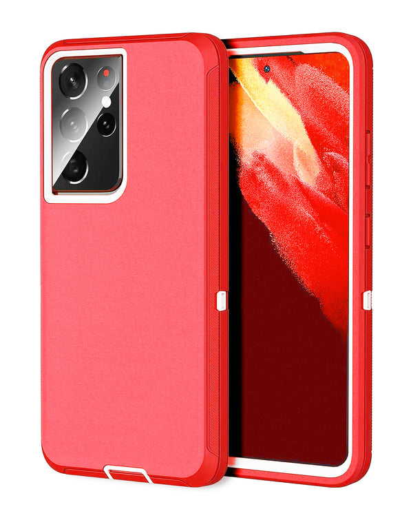 Encuentra la mejor funda heavy duty para Samsung Galaxy S21 Ultra en Guatemala con la combinación de colores rojo y blanco.