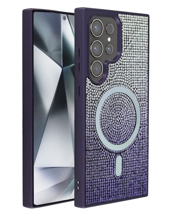 Encuentra la mejor funda con carga inalámbrica en Guatemala para tu Galaxy S21 Ultra en color morado con diamantes y cristales.