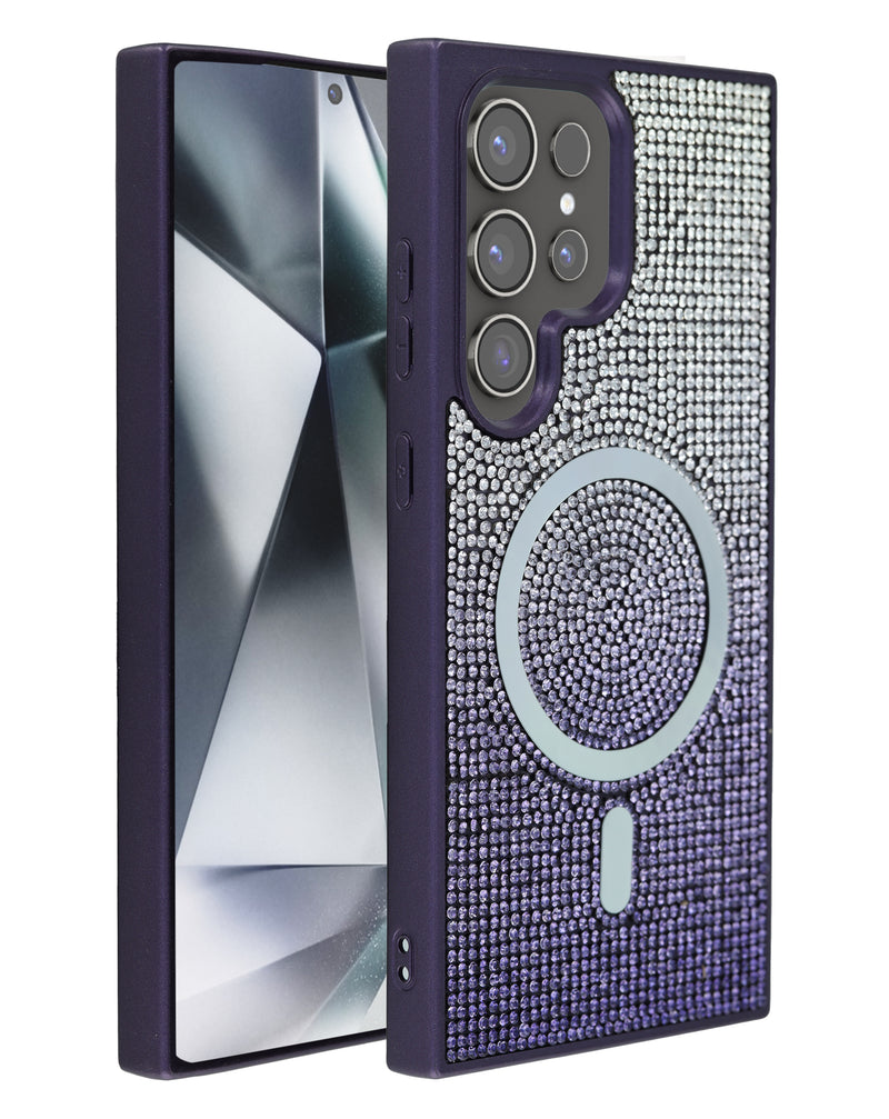 Encuentra la mejor funda con carga inalámbrica en Guatemala para tu Galaxy S21 Ultra en color morado con diamantes y cristales.