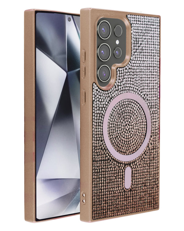 Tapa trasera con cristales de diamante color oro rosa para Galaxy S21 Ultra con carga inalámbrica en Guatemala.