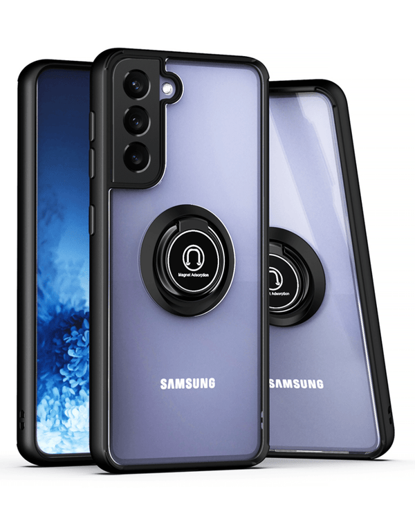 Protege tu Galaxy S22 Plus con estilo y seguridad con esta funda negro rigida con borde soft TPU y porta anillo en Guatemala.