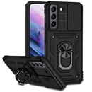Encuentra fundas híbridas para Samsung Galaxy S22 Ultra en Guatemala con aro metálico y protector de cámara en color negro.