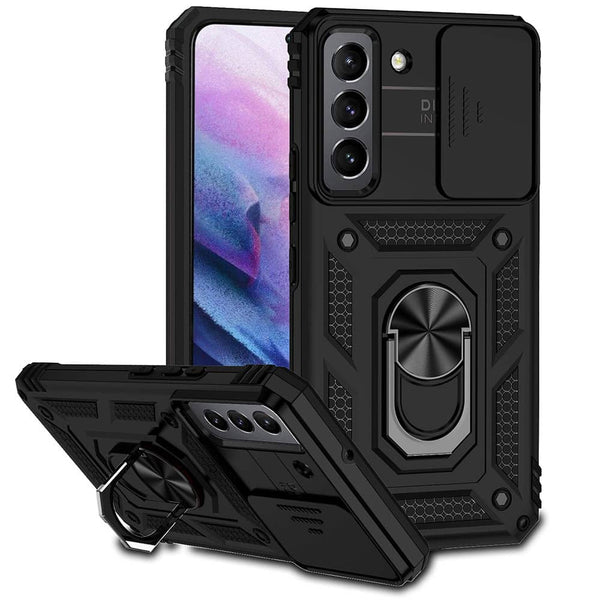 Encuentra fundas híbridas para Samsung Galaxy S22 Ultra en Guatemala con aro metálico y protector de cámara en color negro.