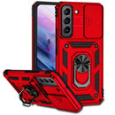 Encuentra la mejor funda híbrida para Samsung Galaxy S22 Ultra en Guatemala en SlowBack, con anillo metálico y protector de cámara en color rojo.