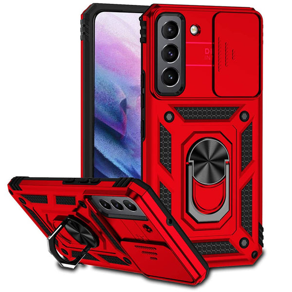 Encuentra la mejor funda híbrida para Samsung Galaxy S22 Ultra en Guatemala en SlowBack, con anillo metálico y protector de cámara en color rojo.