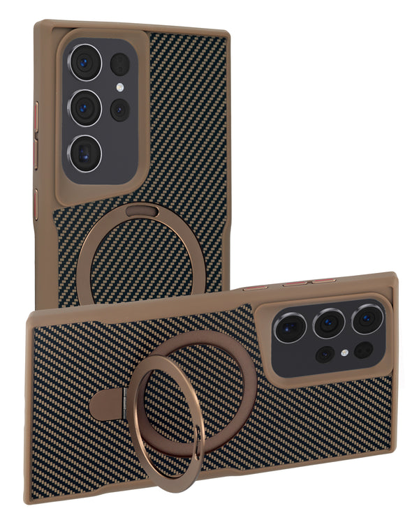 Funda de fibra de carbono con soporte magnético para Galaxy S22 Ultra en Guatemala, disponible en color dorado, marca SlowBack.