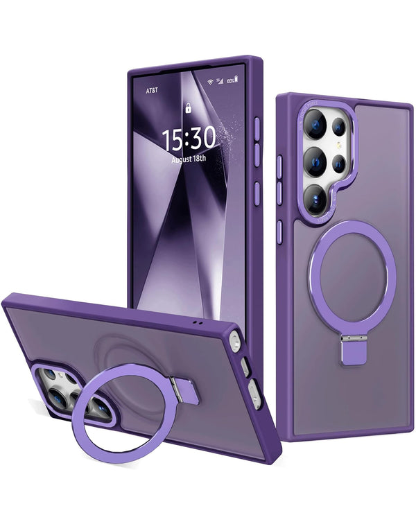 Compra en Guatemala el Case de carga inalámbrica Carbon con soporte de anillo para Galaxy S22 Ultra en color morado, ideal para proteger y cargar tu dispositivo.