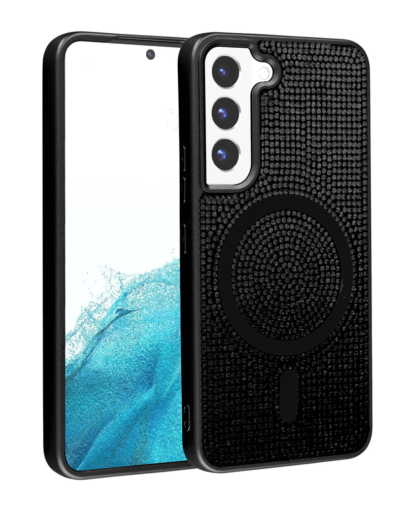 Encuentra la mejor funda con carga inalámbrica en Guatemala para tu Galaxy S23 en color negro con cristales brillantes.