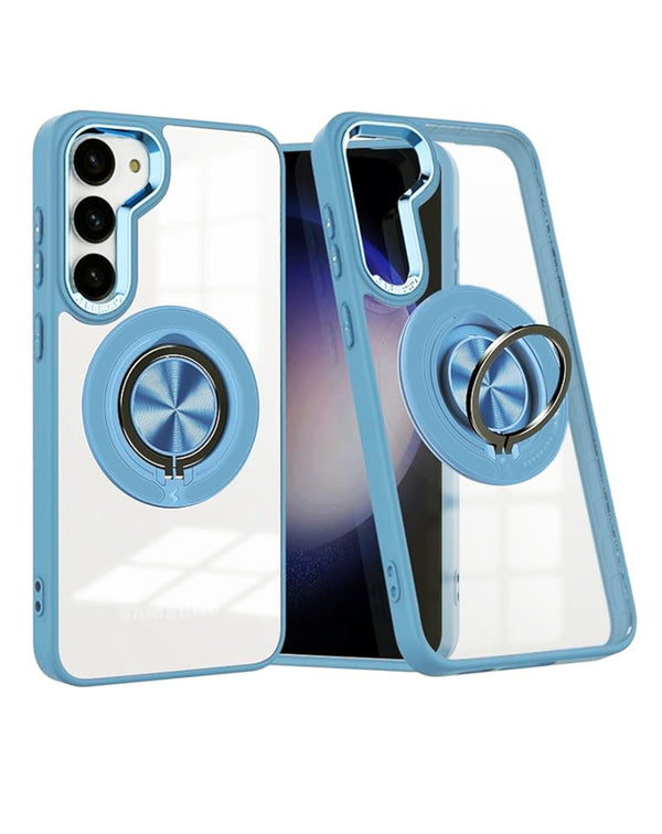 Comprá en Guatemala el case de carga inalámbrica transparente para Samsung Galaxy S23 con soporte de anillo en color azul.