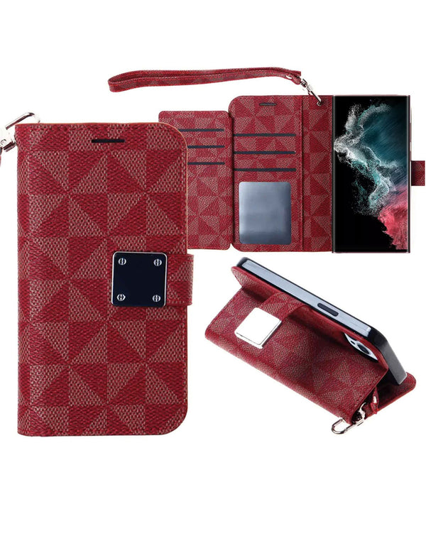 Encuentra la mejor funda billetera para tu Samsung Galaxy S23 FE en Guatemala con diseño geométrico triangular en color rojo de SlowBack.