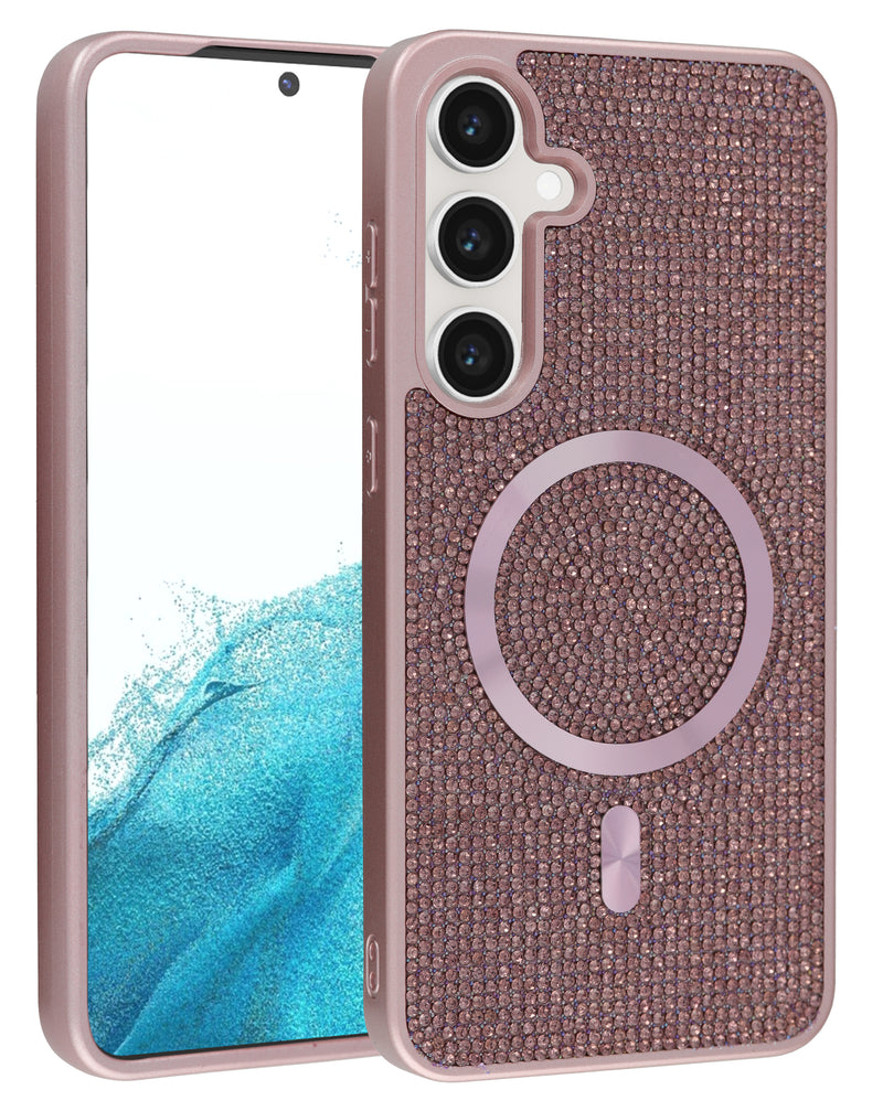 Funda con carga inalámbrica de bling cristal diamante en color ROSE GOLD para Galaxy S23FE en Guatemala.