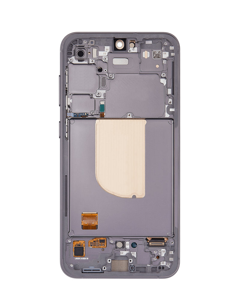 Reparación de pantalla Samsung Galaxy S23 FE en Guatemala con marco original y etiquetas como BajoPPLCD y Pantalla OLED.