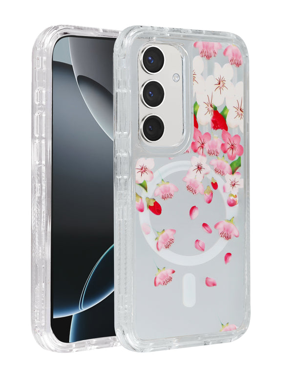 Funda transparente con cargador inalámbrico y diseño floral para Samsung Galaxy S23FE disponible en Guatemala.
