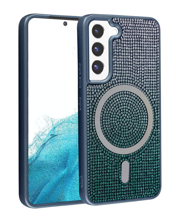 Tapa trasera con carga inalámbrica Bling Diamond Crystal en color AZUL para Samsung Galaxy S23 Plus en Guatemala.