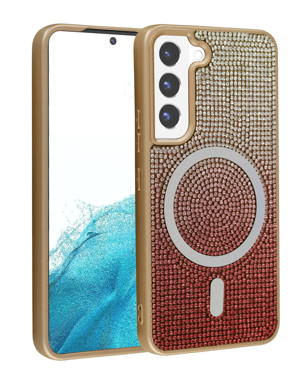 Encuentra la mejor funda con carga inalámbrica bling diamond crystal en color dorado para Samsung Galaxy S23 Plus en Guatemala.
