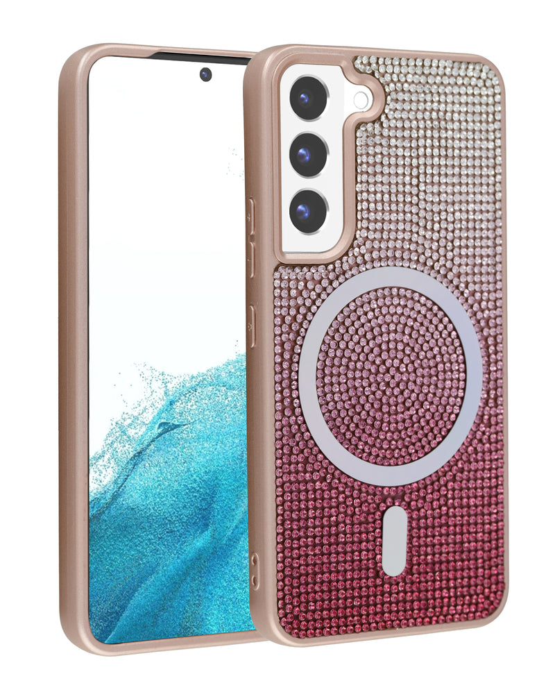 Encuentra la tapa trasera con carga inalámbrica bling diamond crystal en color rosa dorado para Galaxy S23 Plus en Guatemala.