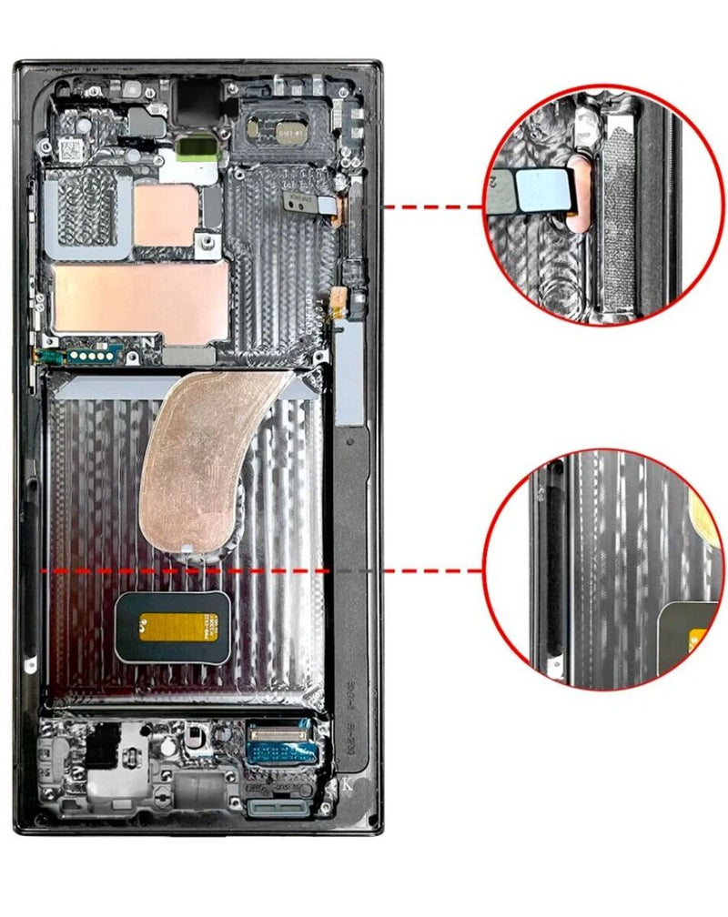 Reparación de pantalla OLED Samsung Galaxy S23 Ultra en Guatemala, con marco color Phantom Black, disponible en mayorista de repuestos.