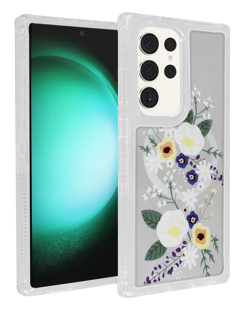 Encuentra la funda transparente con diseño de flores y cargador inalámbrico para Samsung Galaxy S23 Ultra Style en Guatemala.