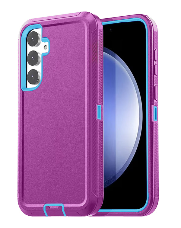 Encuentra el mejor case heavy duty para tu Galaxy S24 FE en Guatemala con colores púrpura y turquesa, disponible en mayoristas de accesorios Samsung y reparaciones.