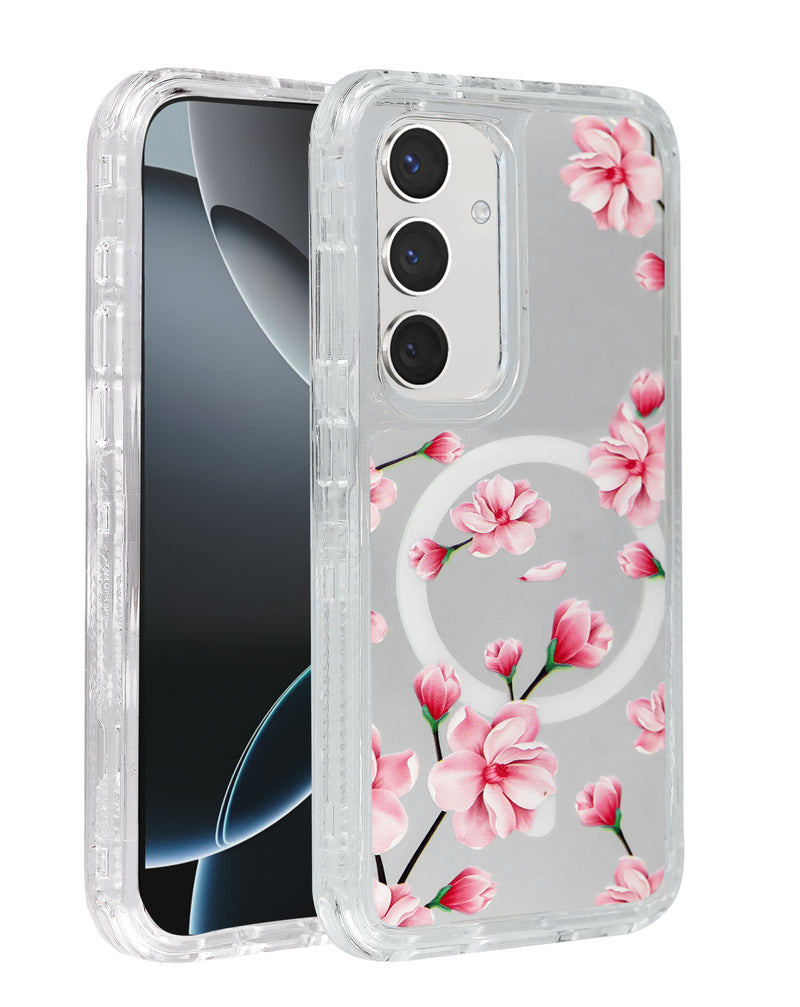 Encuentra la funda transparente Flower Design con cargador inalámbrico para Galaxy S24FE en Guatemala, ideal para proteger tu teléfono y cargarlo de forma práctica.
