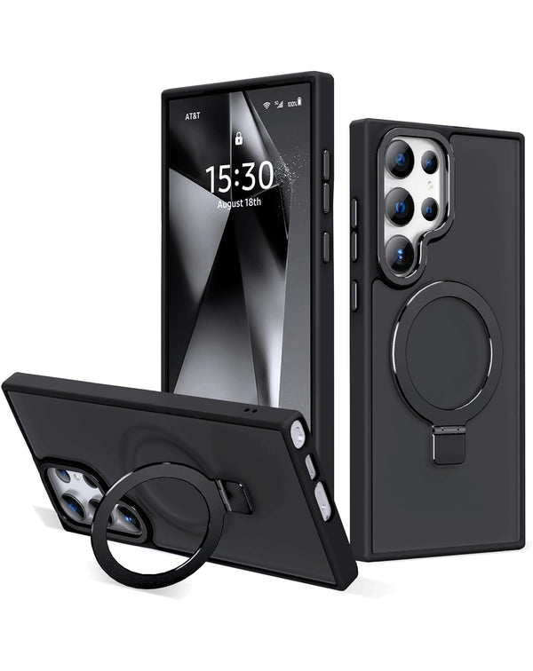 Encuentra el mejor case de carga inalámbrica para Galaxy S24 Ultra en Guatemala con soporte de anillo en color negro.
