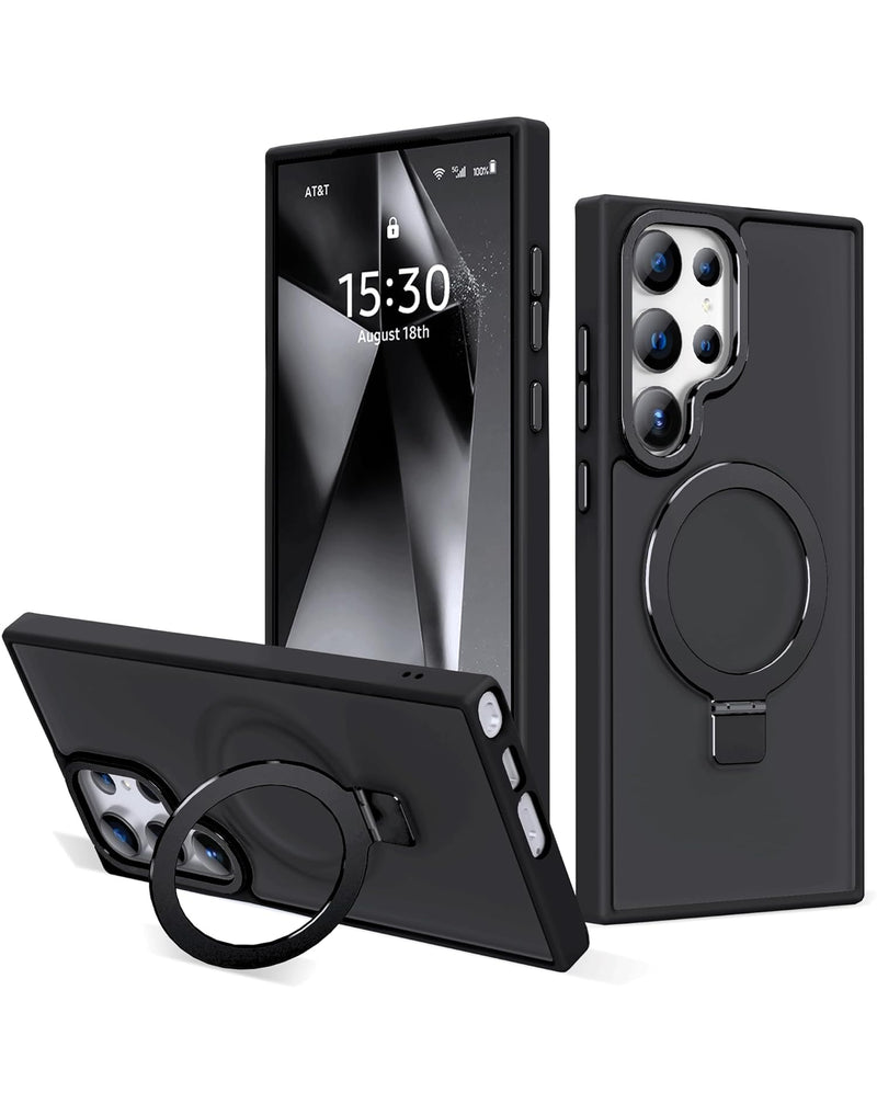 Encuentra el mejor case de carga inalámbrica para Galaxy S24 Ultra en Guatemala con soporte de anillo en color negro.