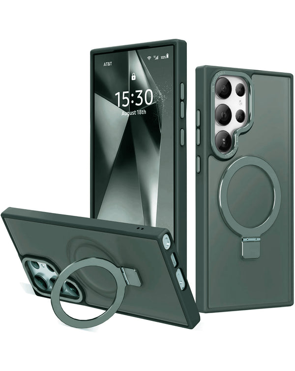 Case de carga inalámbrica con soporte de anillo para Galaxy S24 Ultra en color verde carbono disponible en mayoristas de accesorios para celulares en Guatemala.