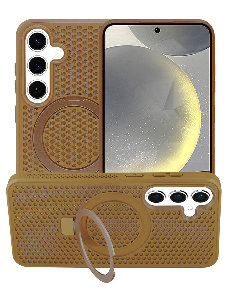 Encuentra en Guatemala el mejor case con disipación de calor y soporte para tu Samsung Galaxy S25 de color marrón.
