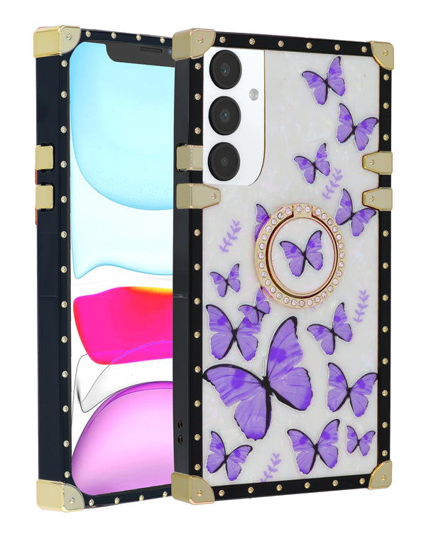 Protege tu Samsung Galaxy S25 Plus con estilo con esta funda cuadrada con diseño de mariposa y anillo en color morado en Guatemala.