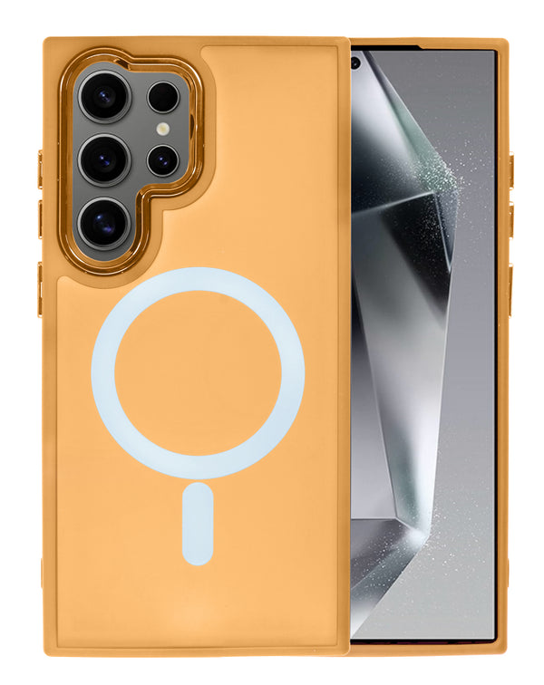 Encuentra la caja de carga magnética inalámbrica para Galaxy S25 Ultra de color naranja en Guatemala.