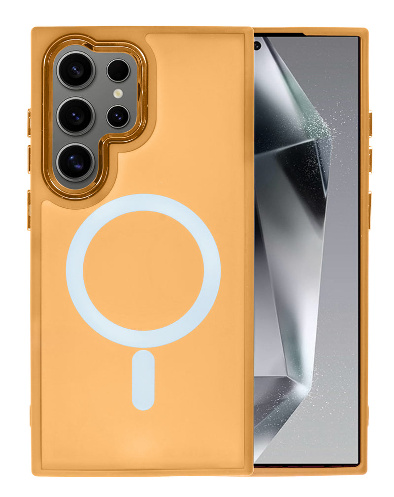 Encuentra la caja de carga magnética inalámbrica para Galaxy S25 Ultra de color naranja en Guatemala.