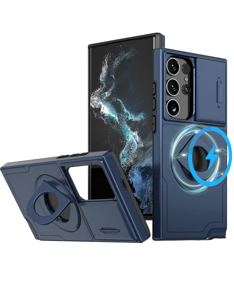 Encuentra el estuche azul con soporte para anillo y tapa deslizante para la cámara del Galaxy S25 Ultra en Guatemala, ideal para proteger tu teléfono y acceder a tu cámara fácilmente.