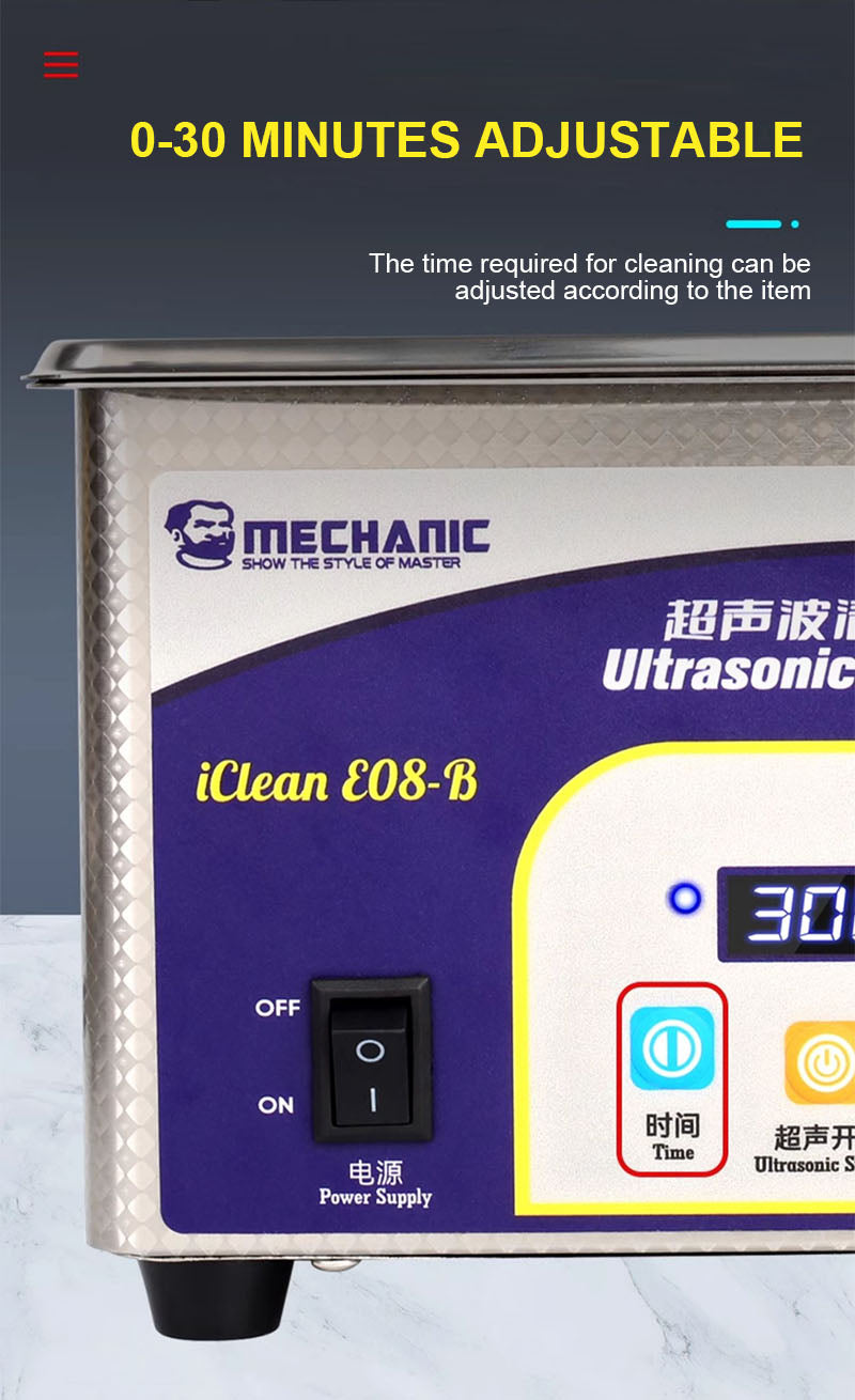 Encuentra el Limpiador ultrasónico Mechanic E08P para PCB, cámara y anteojos en Guatemala, ideal para limpiar a profundidad dispositivos electrónicos y lentes.