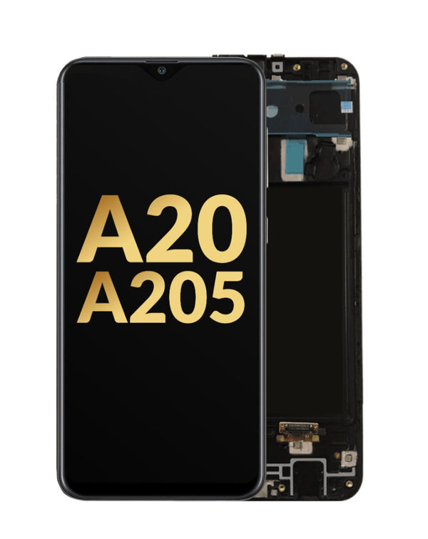 Encuentra la pantalla original con marco para Galaxy A20 (A205 / 2019) en Guatemala, ideal para reparaciones en talleres especializados.