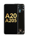 Encuentra la pantalla original con marco para Galaxy A20 (A205 / 2019) en Guatemala, ideal para reparaciones en talleres especializados.