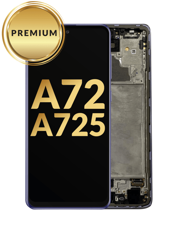 Reparación de pantalla Samsung Galaxy A72 con marco en Guatemala en color violeta.